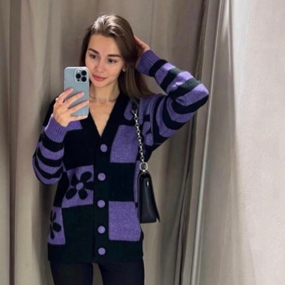 Zara Purple Black Checkered Flower Jacquard Knit Oversized Cardigan Sweater S